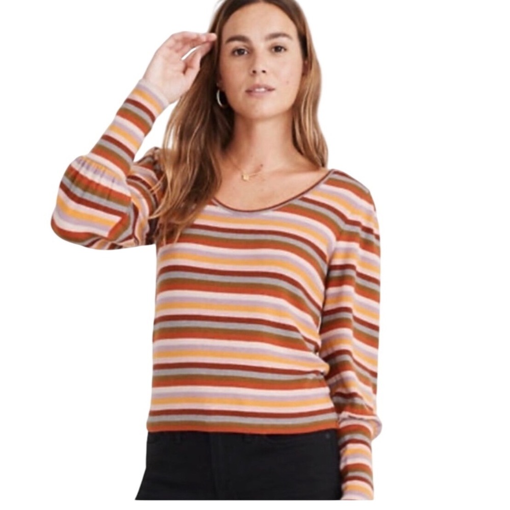 Madewell Womens Multi Color Striped Puff‎ Sleeve Scoopneck Top AG237 Size Medium
